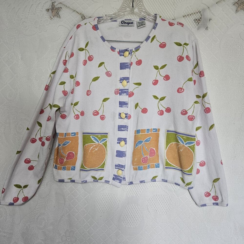 Onque Medium Vintage 100% Cotton Fruit Button Up Crop Top Novelty Cottagecore